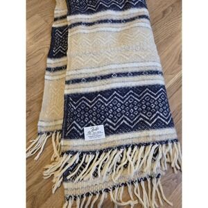 FARIBO THROW LAP BLANKET 100%‎ WOOL BOHO 44"X48" Neutrals Tan Navy VTG